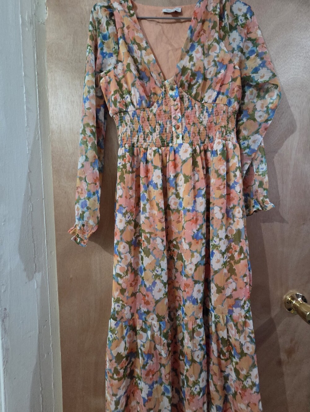 Patrons of Peace Peach Floral V-Neck Smocked Maxi Dress